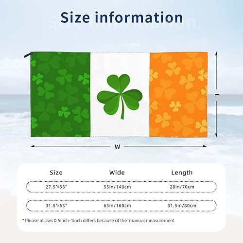 Miniatura 7 de Toallas de playa de microfibra con bandera irlandesa para adultos y niños, toalla de playa compacta sin arena para viajes de gran tamaño 27.5 x 55