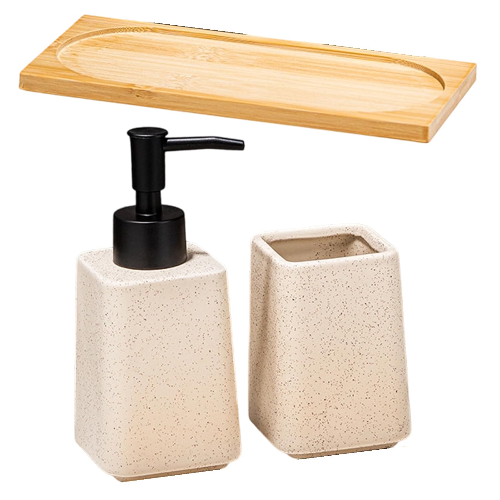 NEWFT Of 3 Ceramic Liquid Soap Dispenser with Storage Tray Toothbrush Holder for Household Bathroom Organizing Essential Countertop Organizers