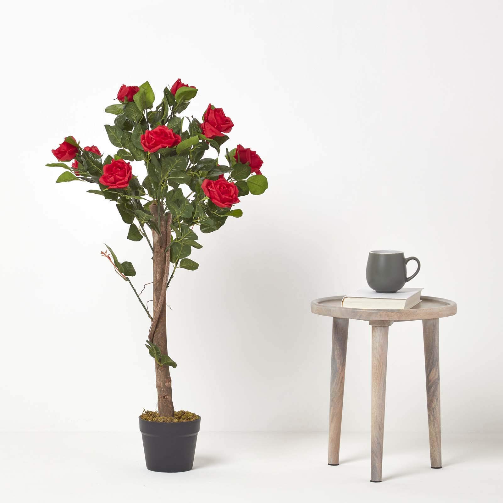 HOMESCAPES Rosier Artificiel Rouge Fleuri en Pot 90 cm