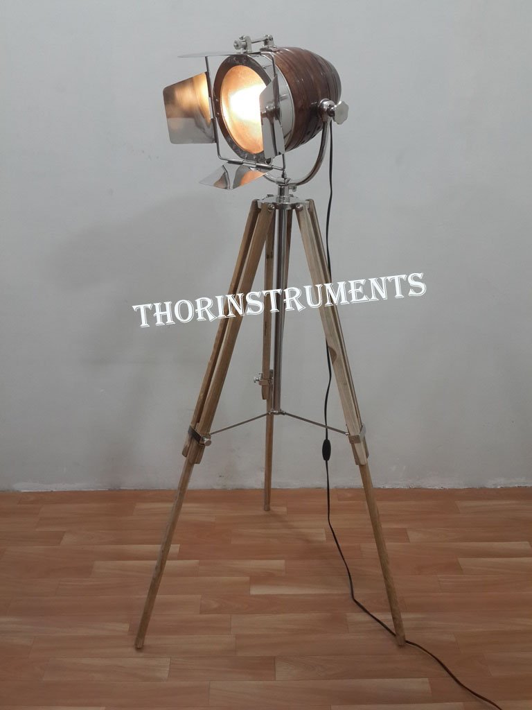 THOR INSTRUMENTS Nickel Finish Wooden Spot Light with Teak Wood Tripod Stand Rustic Vintage Home Decor Gifts