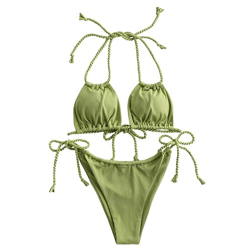 ZAFUL Triangle Bikini for Women 2 Piece Halter Bikini Sets Sexy High Cut Bathing Suit Side Tie Swimsuits - 4-green Onion-multi Way - Large