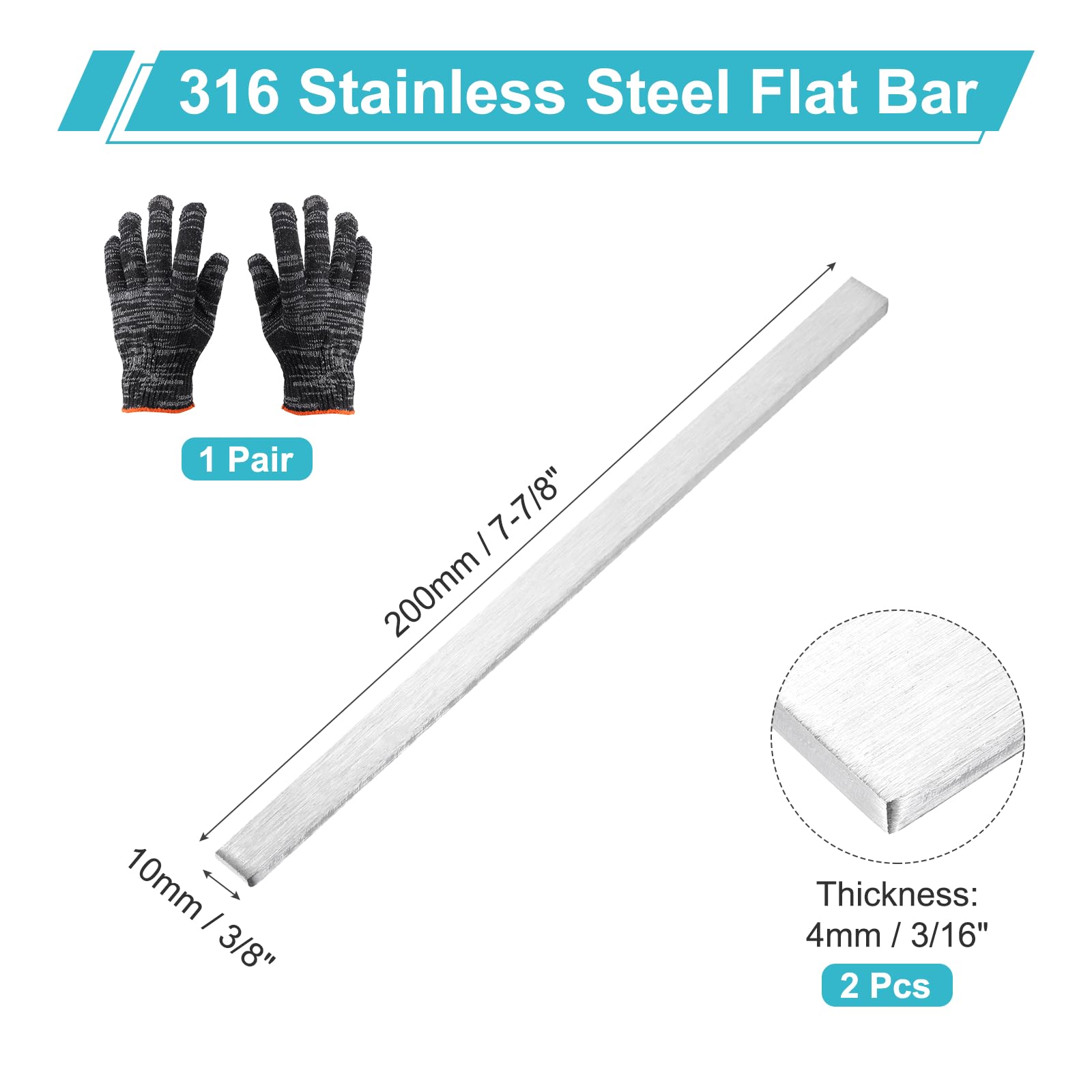 sourcing map Lot de 2 barres plates en acier inoxydable 316, 4 mm x 10 mm x 200 mm (L x l x L), barre en acier avec gants, finition brossée pour industrie, loisirs créatifs