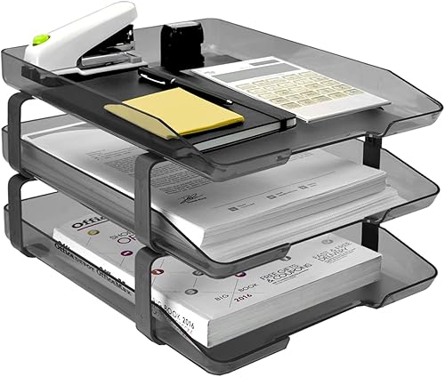 Acrimet Bandeja de cartas tradicional de 3 niveles de carga frontal de plástico organizador de archivos de escritorio (color ahumado) disponible en Yaxa Peru