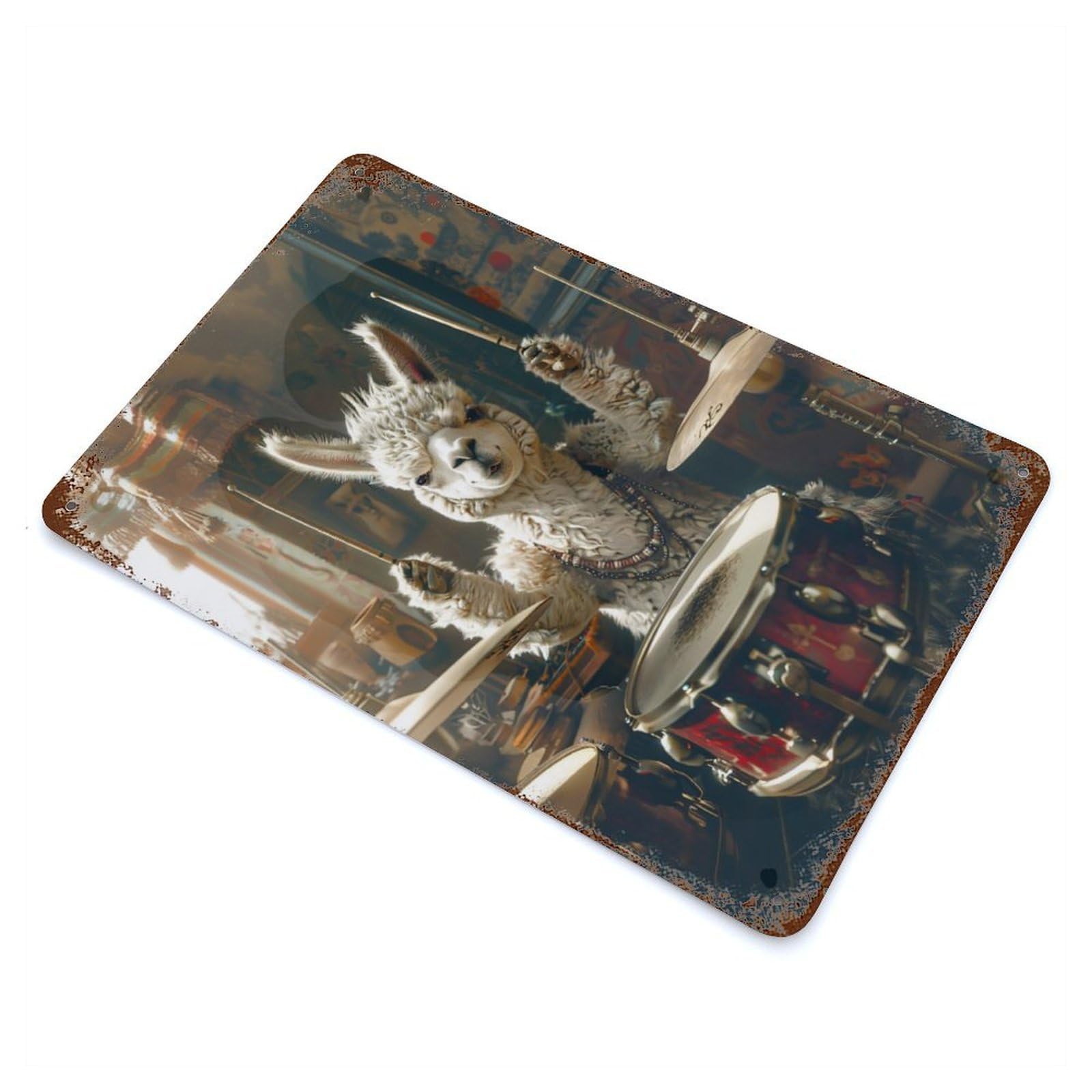 Alpaca Plays Drums Vintage Wall Sign 11.8"x7.9", Rust Effect Metal Decor for Farmhouse, Kitchen And Entryway Decor