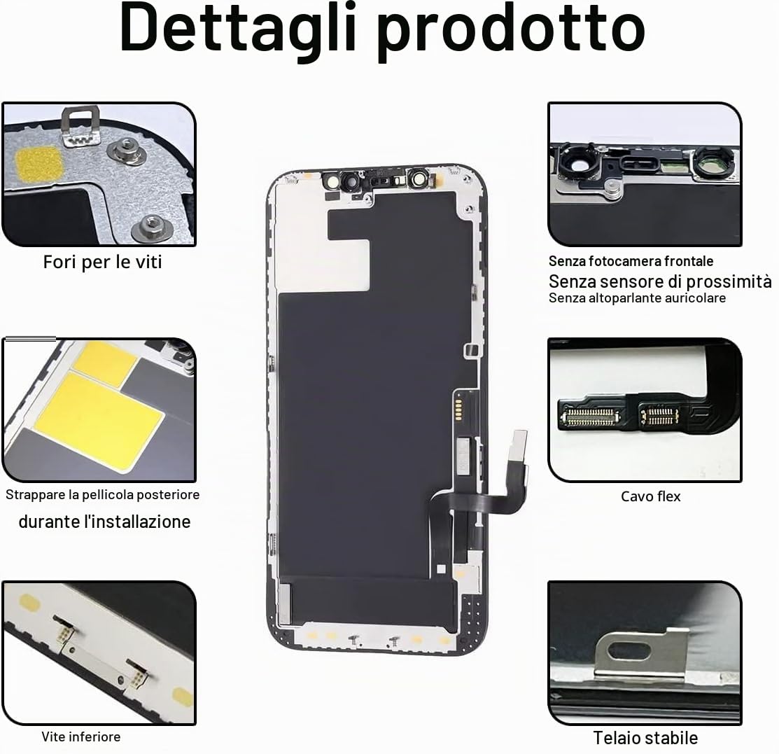 Dinow Display OLED per i-Phone 12/12 PRO Schermo, Full-HD 3D Touch Sostituzione Vetro Digitalizzatore Parti di Ricambio con Kit di Riparazione