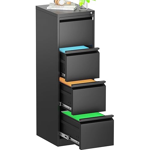 INTERGREAT 4 Drawer File Cabinet, Black Metal Filing Cabinet with Lock, Tall Locking File Cabinets with 4 Adjustable Hanging Frame for Home Office