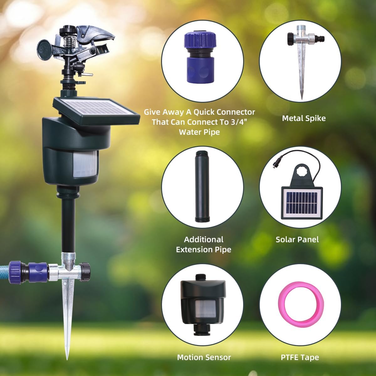 Diagram showing various adjustment points on the Yardeen Solar Motion Sensor Sprinkler: spray distance, spray angle, water flow shape, sensor sensitivity, and sensor mode.