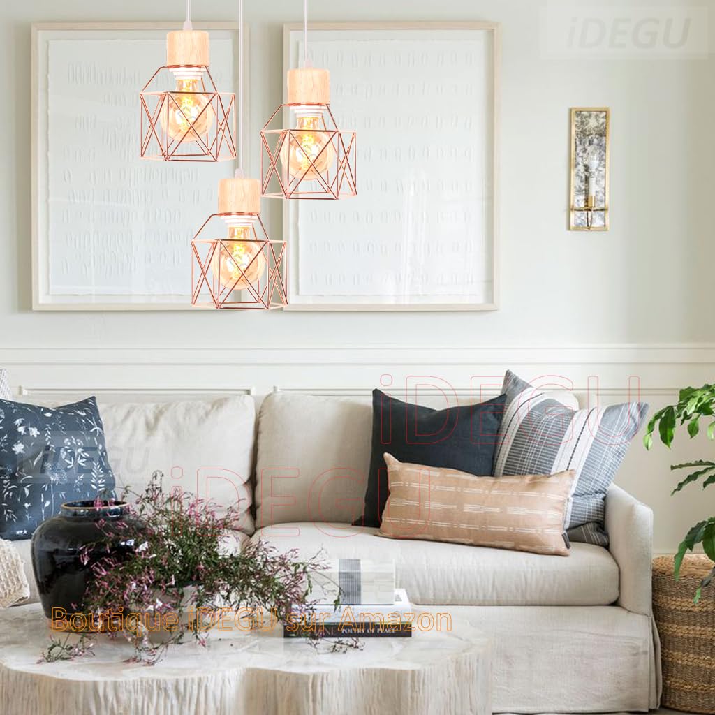 iDEGU 3 Lampes Suspension Luminaire Vintage Lustre Industriel en Bois Métal Rétro Plafonnier Abat-Jour Design Cage E27 Éclairage de Plafond pour Salon Chambre Cuisine (Or Rose, Bois, Cercle)