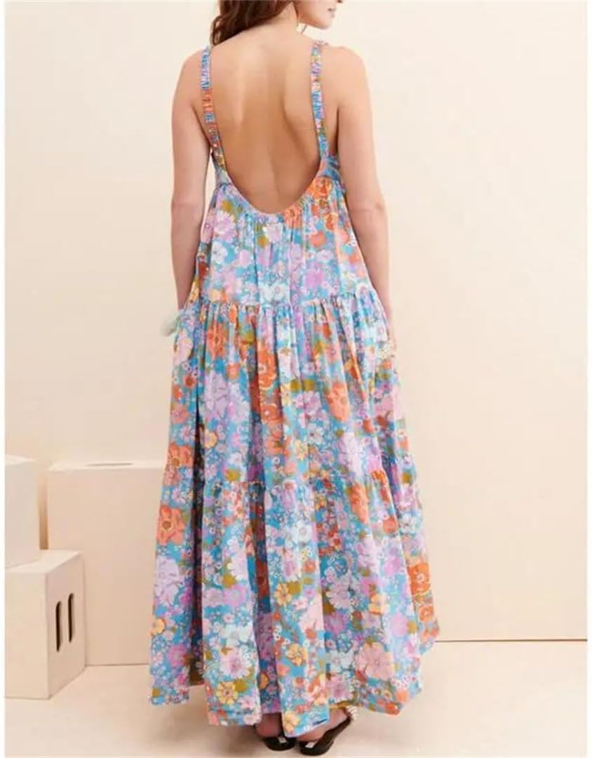 Women Summer Elastic Spaghetti Strap Casual Floral Print Backless Swing A Line Tank Dress