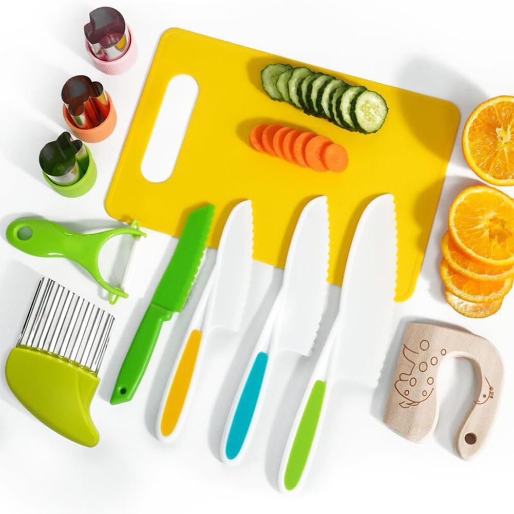 11PCS Kids Kn-ife Set,Kitchen Tools,Kitchen Safety Knives Set For Real Cooking,Safe Kn-ife With Tomato Knife,Cutting Board,Crinkle Cutter, Plastic Knife,Y Peeler,Mini Chef Knives For Girls Boys