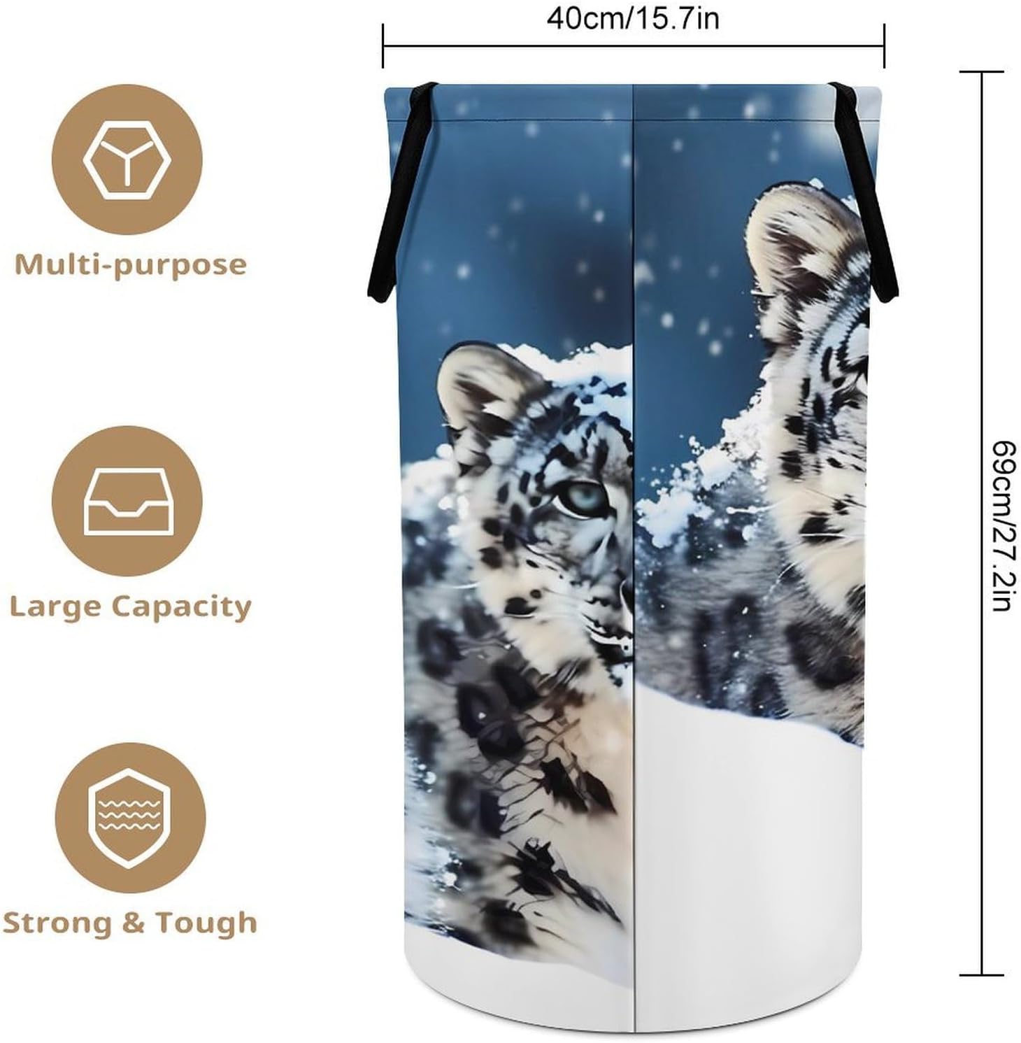 Blue Eyed Snow Leopard Laundry Hamper Large Capacity 15.7x27.2 Inch, Collapsible Dirty Clothes Basket with Handles, Foldable Storage Bin Laundry Basket for Bedroom Bathroom Dorm