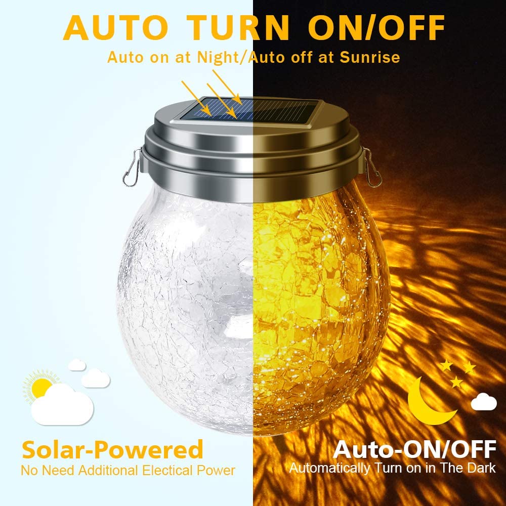 DBF Solar Lanterns Outdoor Waterproof, 2 Modes Solar Lantern Crackle Glass Ball Hanging Solar Lights Outdoor Waterproof Solar Garden Lights, Patio Garden Decor Decorative Lantern, 4 Pack