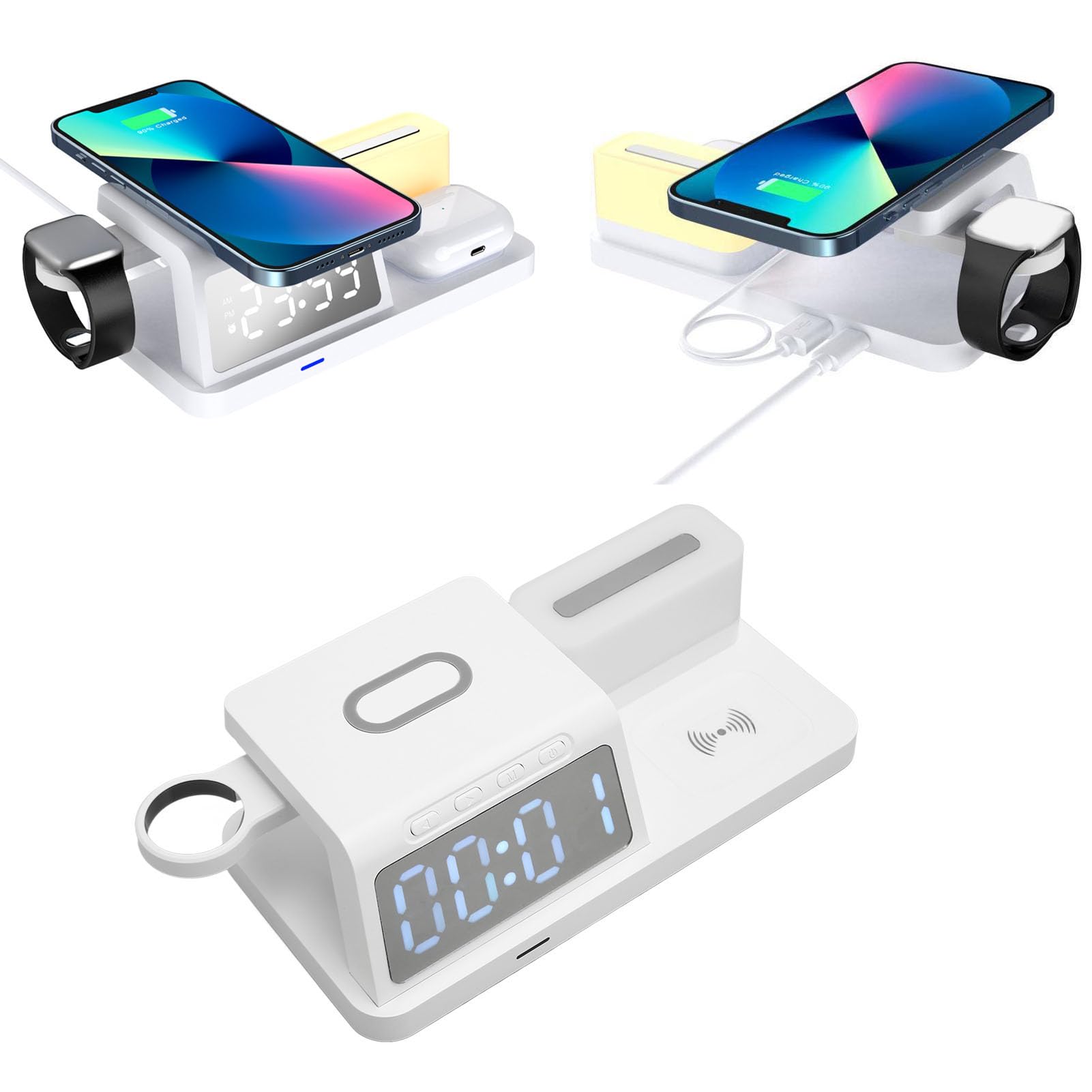 Sveglia Multifunzione Caricabatterie Wireless Ricarica Rapida da 15 W con Display a LED Calendario Luce Notturna per Telefono Smartwatch Auricolare (Bianca)