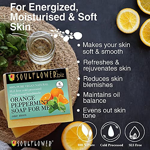 Image of Soulflower Orange Peppermint Soap For Men, Handmade, 100% Pure, Natural & Cold Processed Grade 1 BIS Standard Premium & Luxurious Soap With Essential Oils, Exotic Herbs & Aroma, 150g