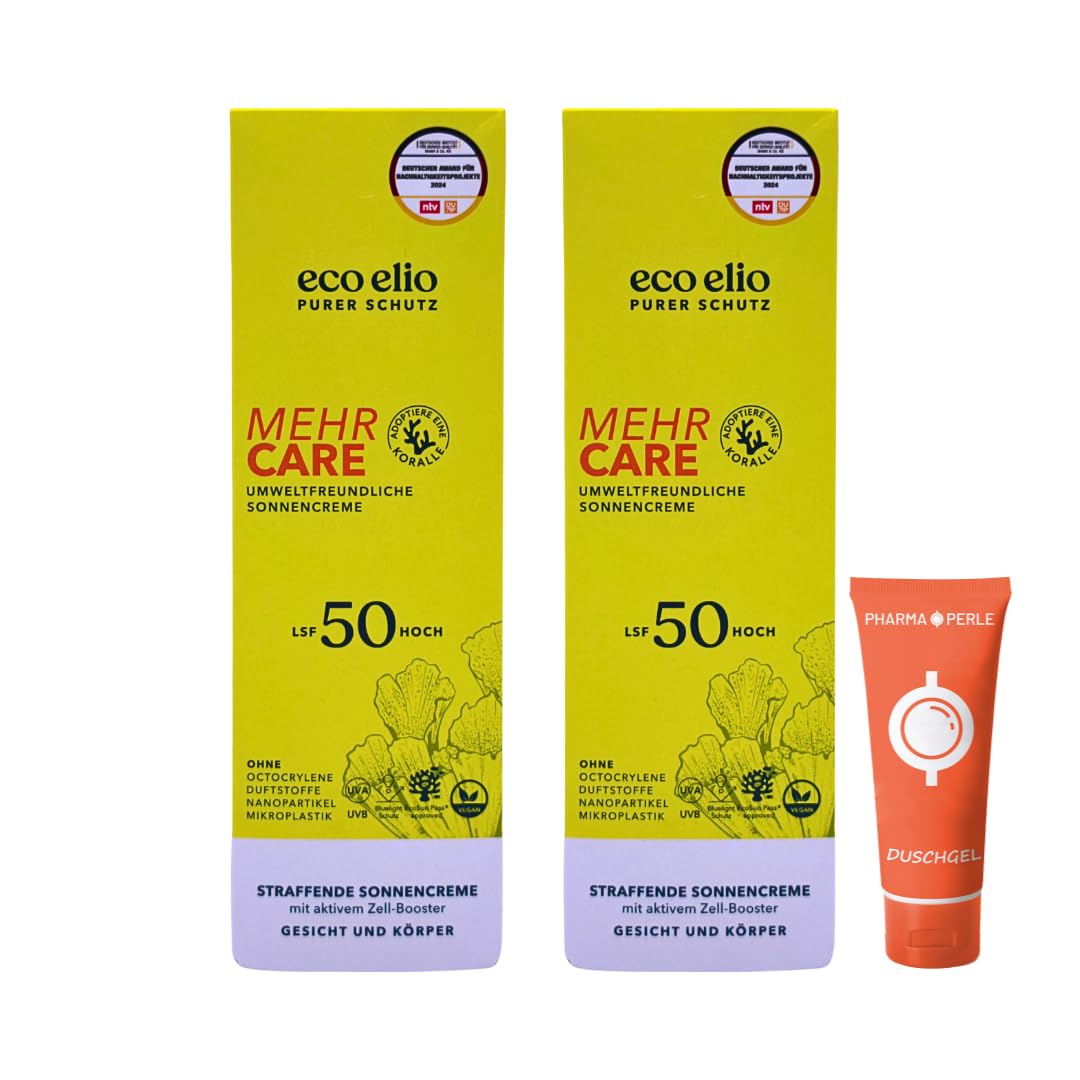 eco elio Mehr Care LSF 50, 2x 200 ml I Sonnencreme mit Niacinamid & Blue-Light-Schutz I Straffend, schnell einziehend & vegan I Für Gesicht & Körper I Spar-Set plus Pharma Perle give-away