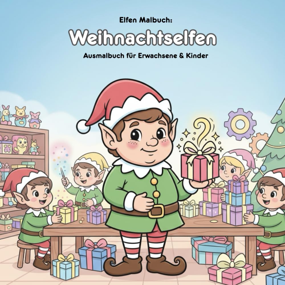 Weihnachtselfen: Geschichte & Malbuch: Für Erwachsene & Kinder | 36 Ausmalbilder | 21.59 x 21.59 cm | Große Motive für kleine Künstler