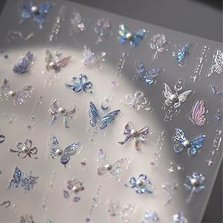 Butterfly Nail Stickers 5D Embossed Butterfly Nail Art Decals Self Adhesive Aurora Butterfly Pearl Nails Art Sticker for Women DIY Nail Art Decorations