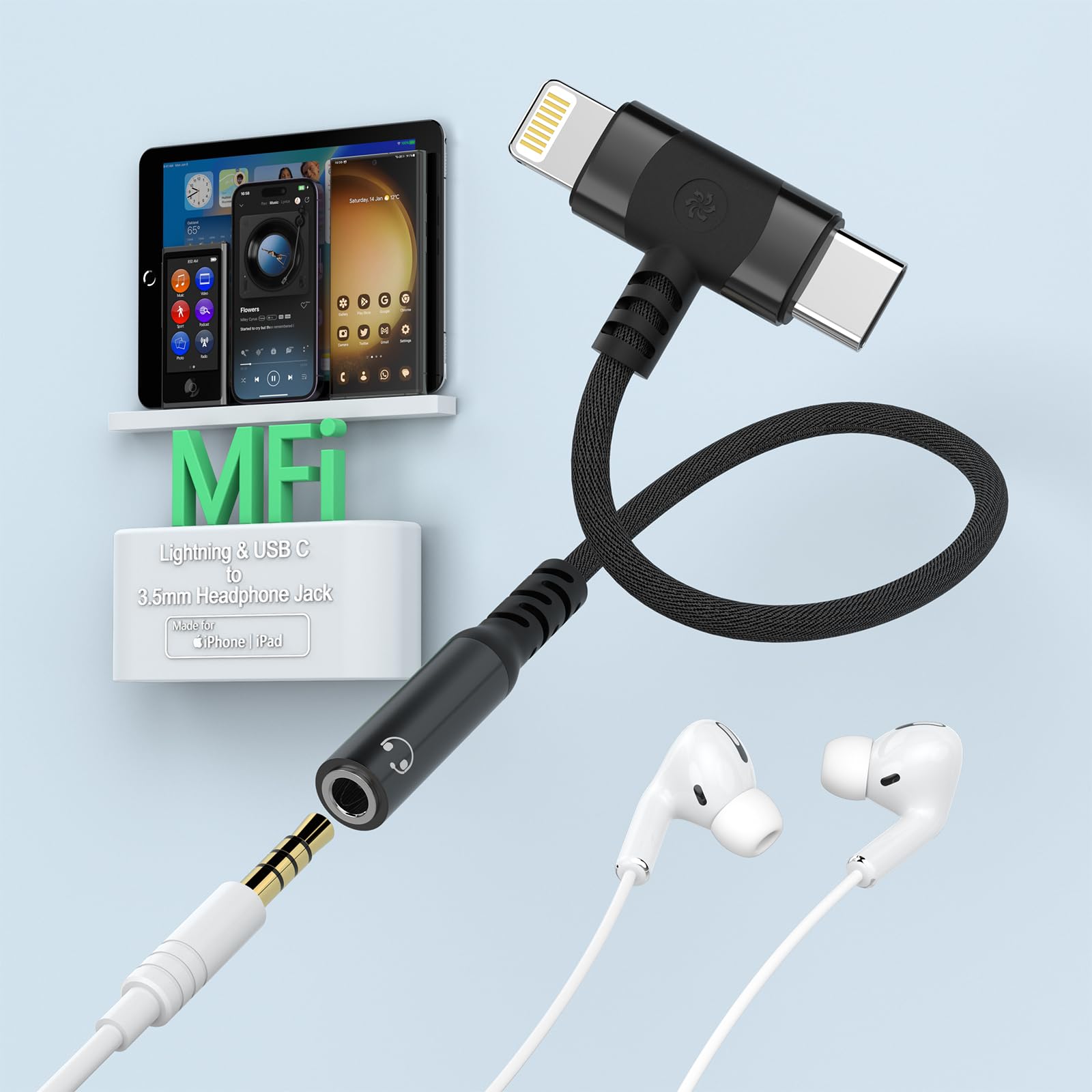 2-in-1 USB-C & Lightning to 3.5mm Aux Audio Jack Adapter Headphone Splitter, iPhone/Type C to 3.5 mm Female Earphone Converter for iPhone 15/14/13/12/