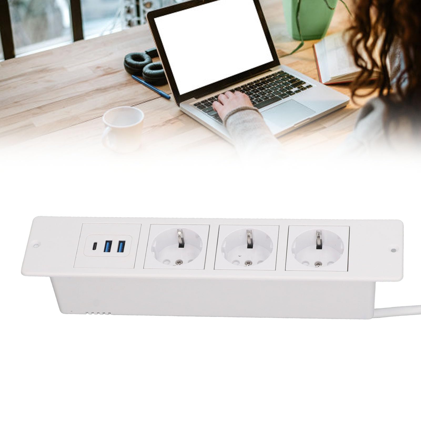 Schimer Multipresa da Incasso con 3 Prese e 2 Porte USB Cavo da 1,5 M Design Compatto per L'organizzazione della Scrivania (Bianca)