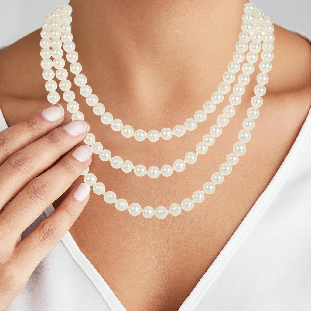 LUBINGSHINE 3pcs Pearl Jewelry Set 1920s Vintage Accessories for Women Long Multilayer Imitation Pearl Necklace Bracelet Dangly Earrings