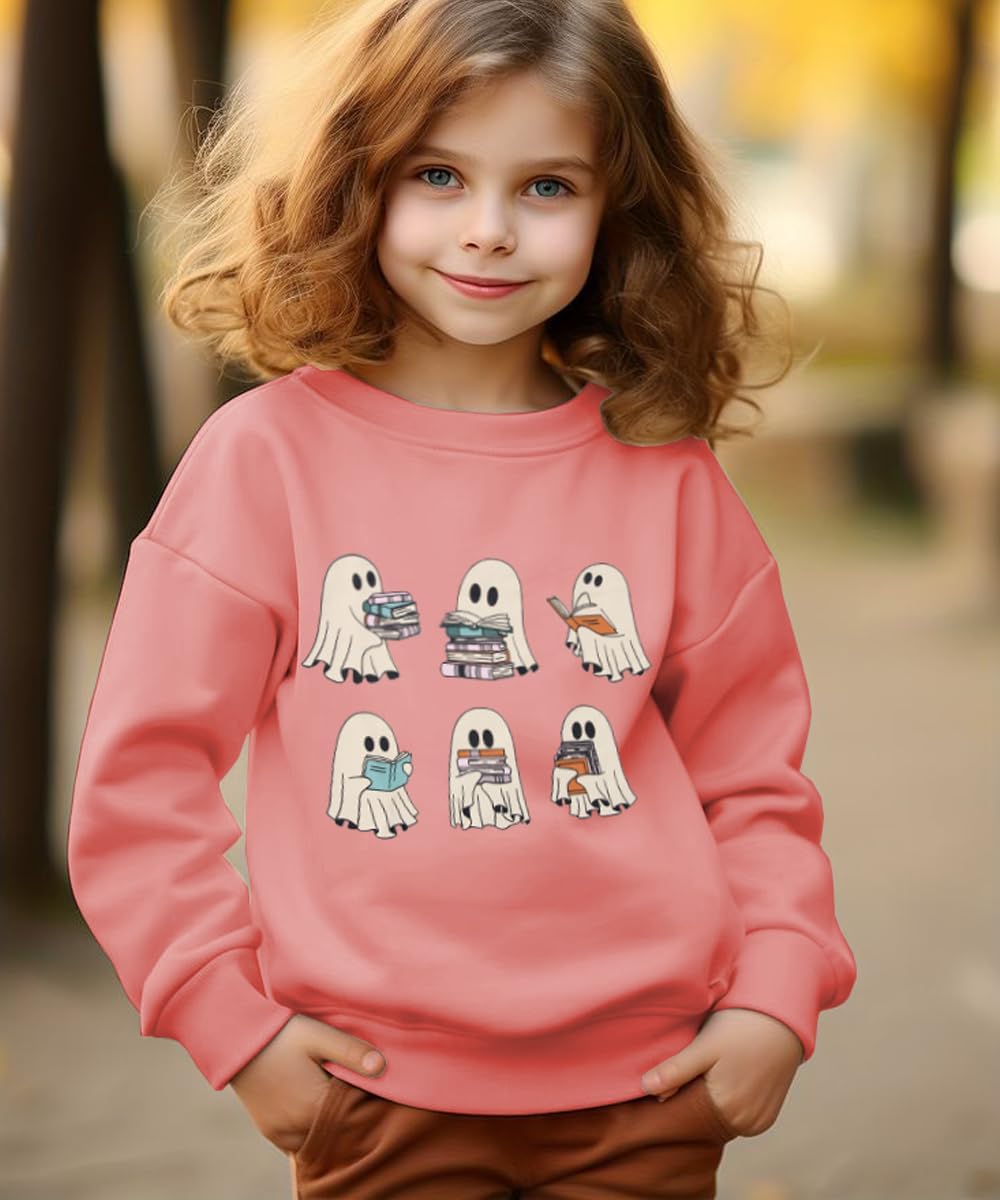 Girls Halloween Sweatshirt Kid Ghosts Reading Book Graphic Pullover Cute Spooky Season Long Sleeve Shirt 7-12 Years(Pink,11-12 Years) - Image 3