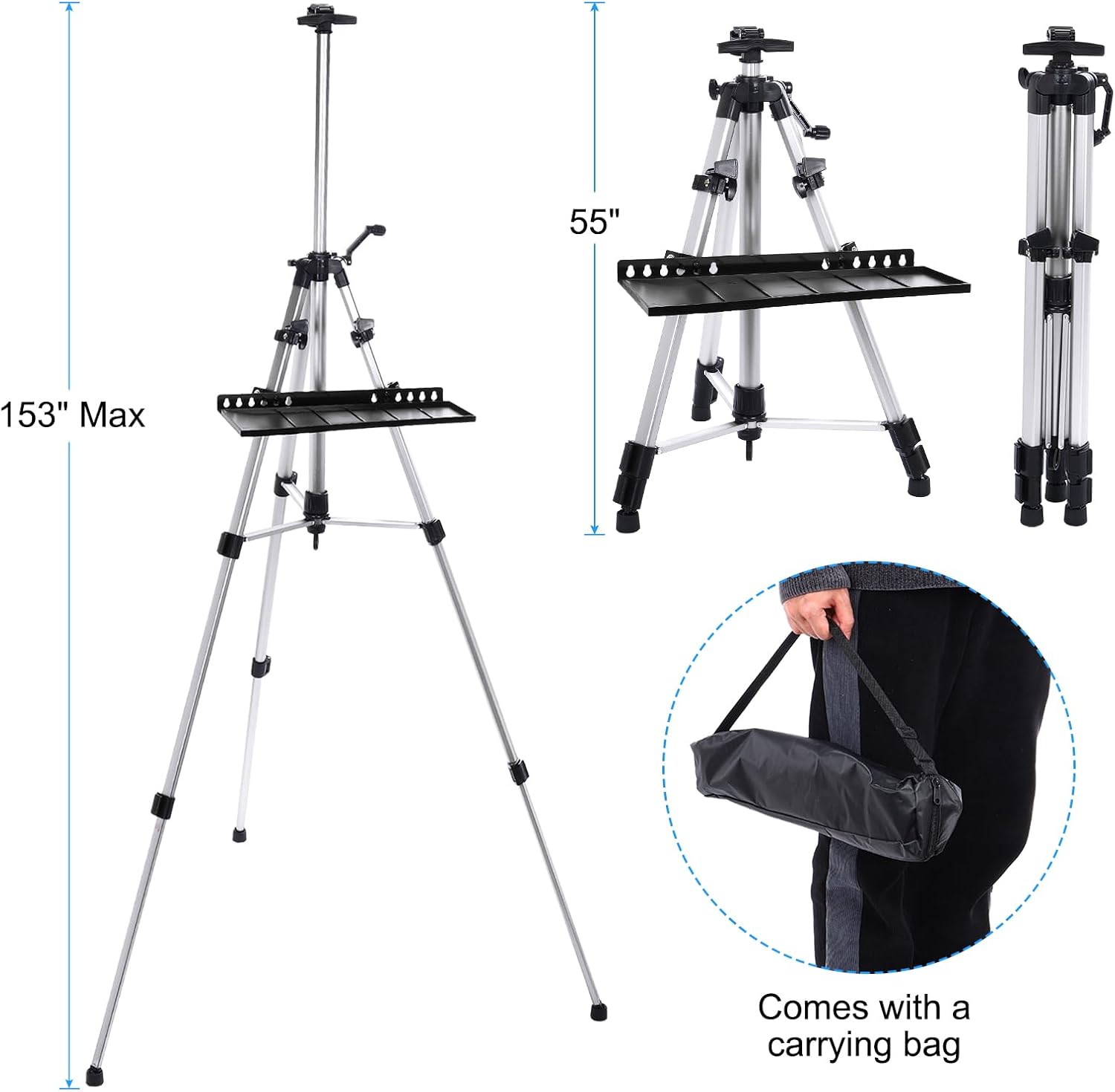 PATIKIL Artist Easel Stand, Paint Easel for Canvas Painting with Detachable Tray, Metal Tripod Easel Adjustable Height from 20 to 61 Inch for Table-Top/Floor Painting Drawing, Silver