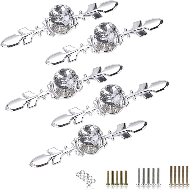 BTSKY 5 Pack Crystal Drawer Knobs with Silver Plate - Diamond Shape Cabinet Drawer Knob Drawer Pull Handle Cupboard Wardrobe Drawer Pull Handle Furniture Knobs with Screws (120MM)