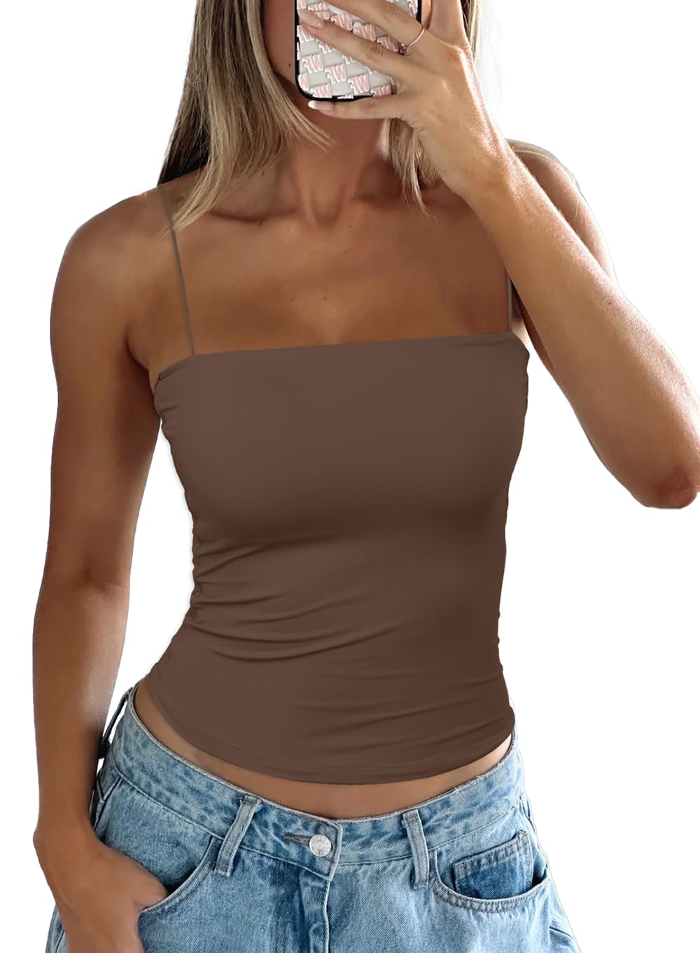 Darong Women's Padded Tank Tops with Built-in Bra Spaghetti Straps Crop Tank Top Summer Y2K Going Out Sleeveless Cami Shirt