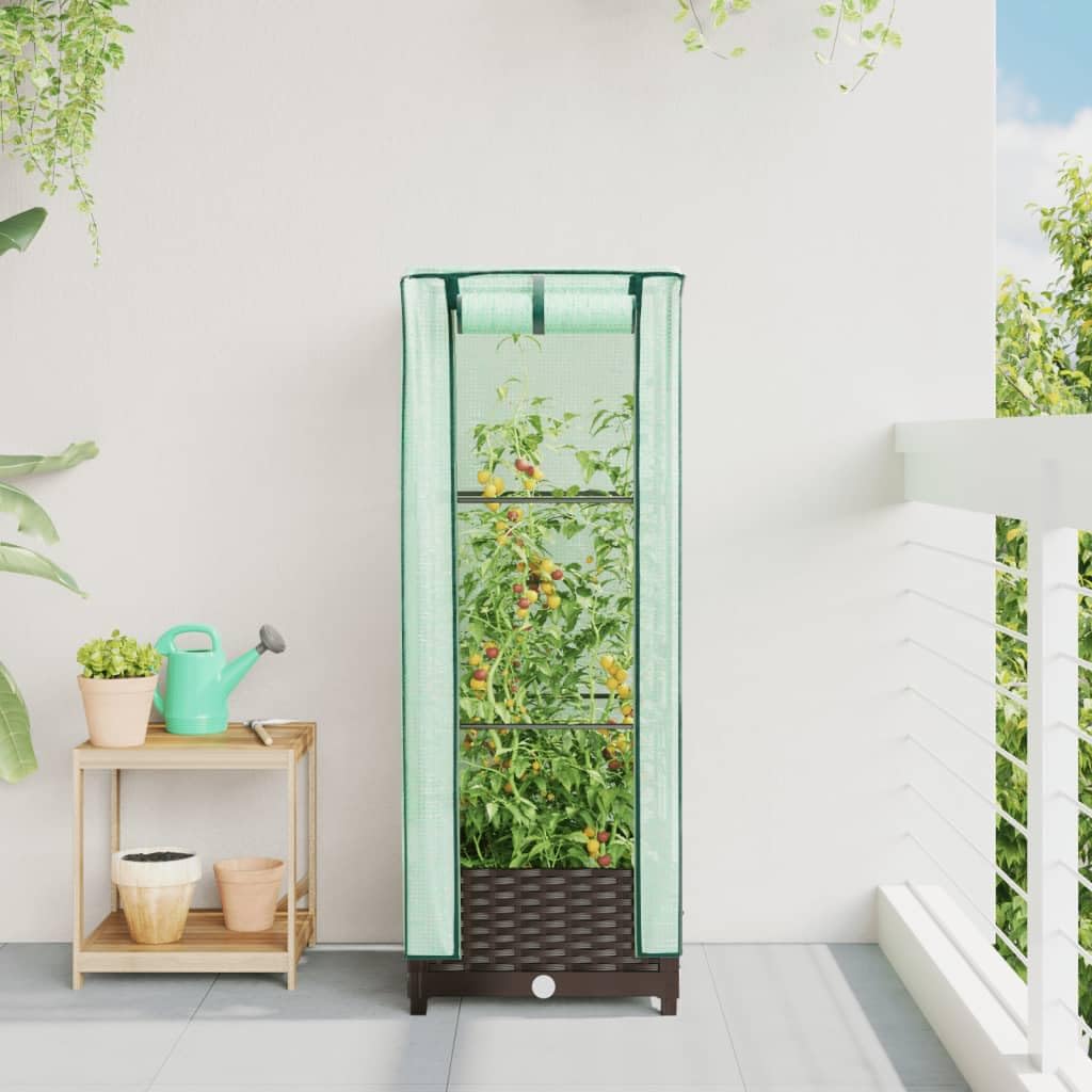 Jardinera con accesorio para invernadero, aspecto de ratán, 40 x 40 x 123 cm, marrón, para jardín, balcón, verduras, hierbas, flores, cultivo de plantas