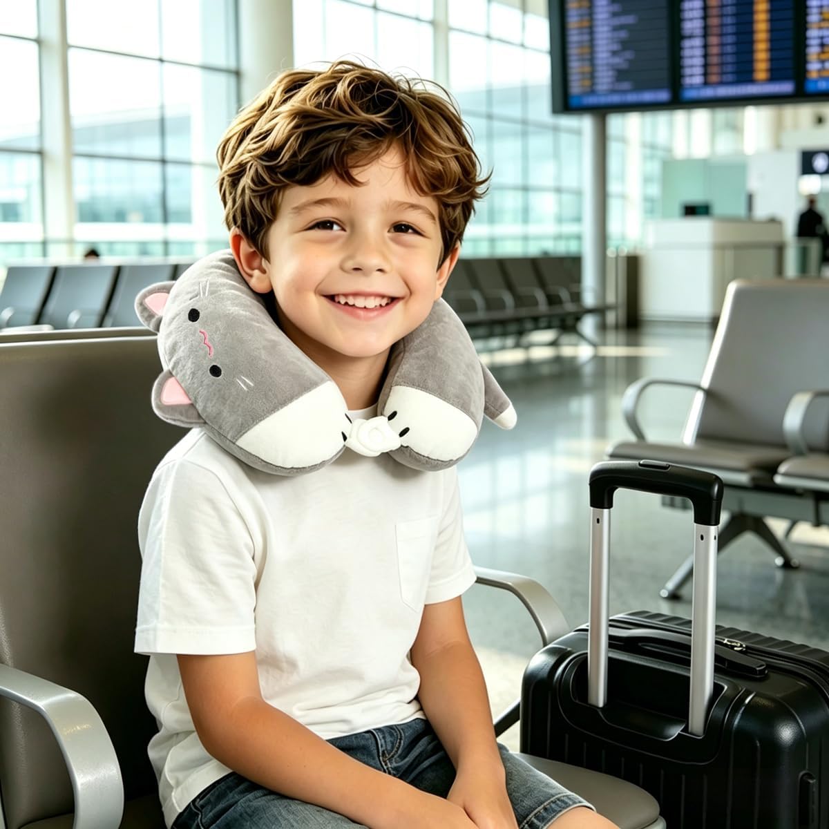 Kids Travel Pillow Memory Foam U Shaped Neck Pillow Cartoon Animal Headrest for Car Flight Airplane Plane Road Trip Sleeping, Soft Neck Support for Adult Boys Girls Gift, Cute Light Gray Cat