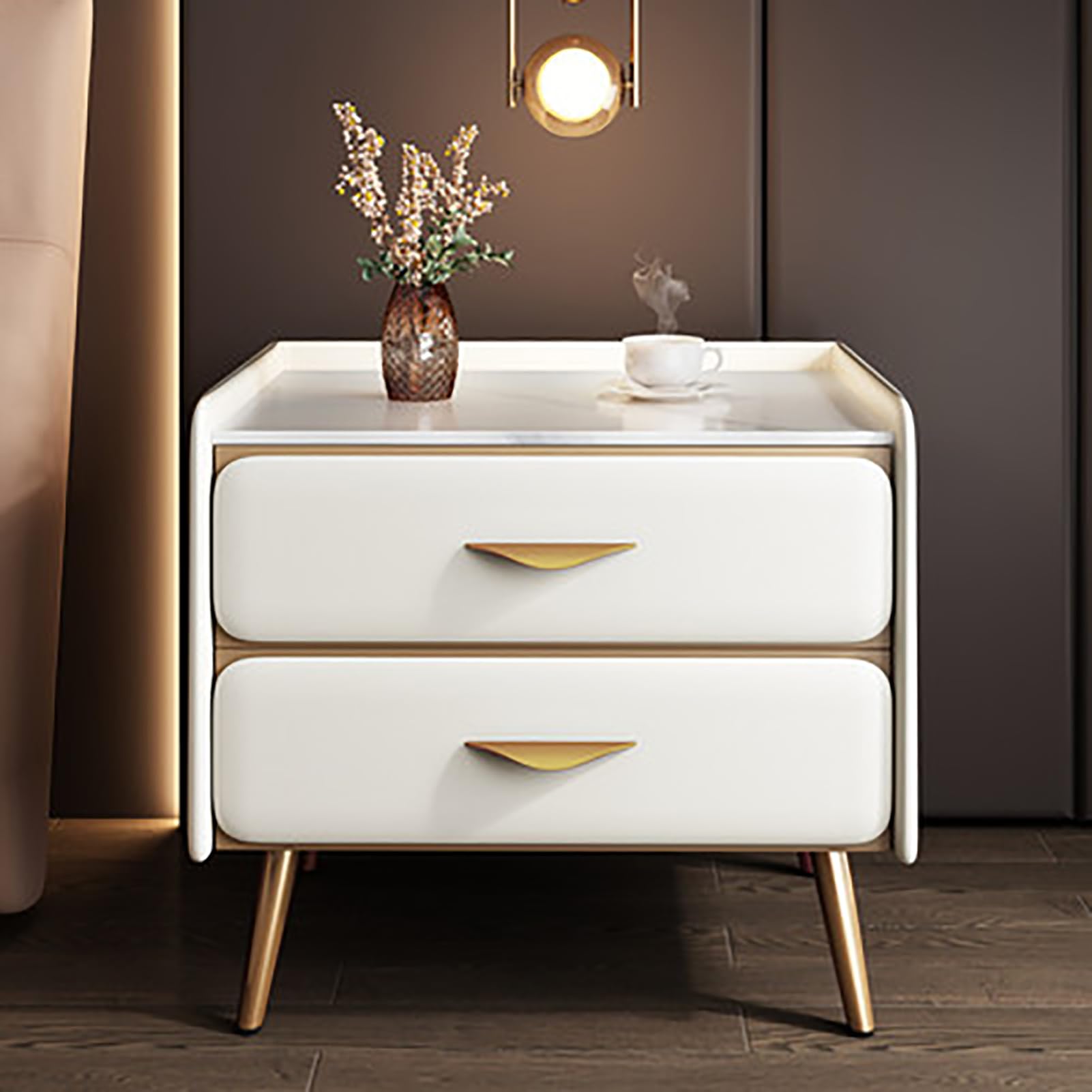 Luxury Bedside Table with Pu Leather Finish & Faux Marble Top, Minimalist Nightstand Modern Side End Table with 2 Drawer, Storage Cabinet for Bedroom Living Room(40x40x52cm(16x16x20in), Beige)