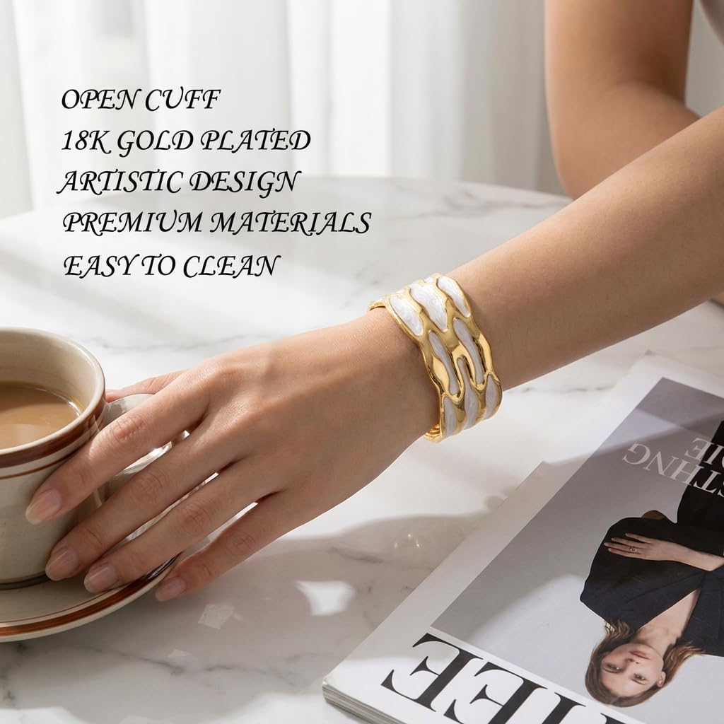 18K Gold Plated White Enamel Cuff Bracelet for Women