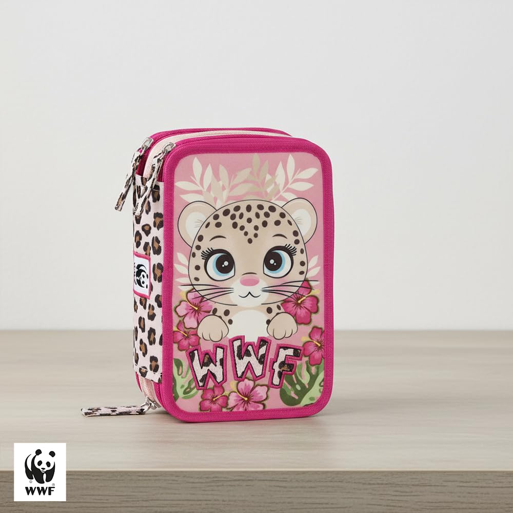 WWF - Astuccio Scuola Ufficiale WWF, Astuccio 3 Scomparti Bambino e Bambina con Set Cancelleria, Penna Cancellabile Blu e Pratica Chiusura a Zip, 20x13Hx7 cm