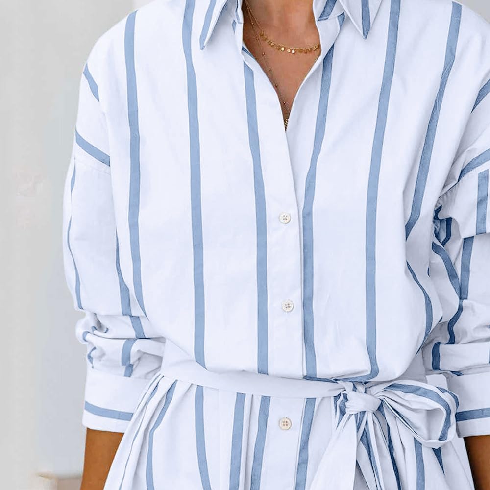 CHARTOU Women Summer Causal Stripe Tunic Dress Loose Button Down Shirt Short Dress with Belt - Image 2