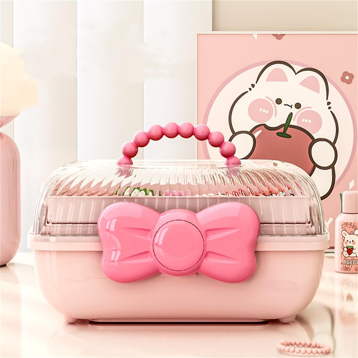 Michear 11'' Three-Layer Clear Plastic Storage Case for Art Craft and Cosmetic, Organizer Storage Box with Handle for Sewing, Makeup, Medicine, Nail, Hair Accessories - Craft Storage Box (Pink)
