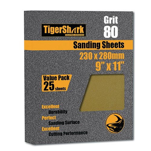 TigerShark 9 inch by 11 inch Sanding Sheets Grit 80 25pcs Pack Pap