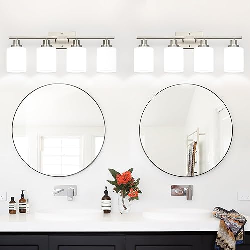 Miniatura 4 de Lámpara de tocador de 4 luces con tonos blancos lechosos, accesorios de iluminación de baño de níquel cepillado sobre el espejo, lámpara de pared