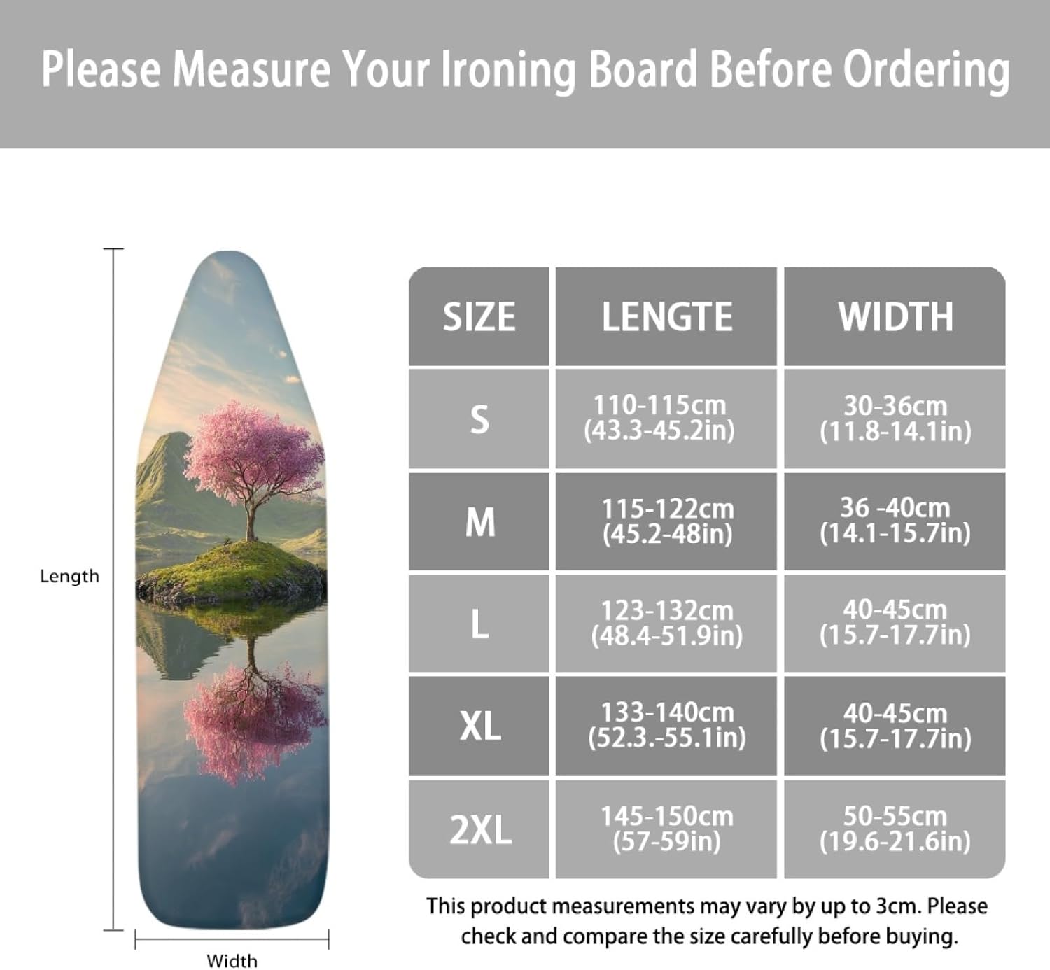 Ironing Board Cover 14x48 Green Pink Tree Lake Iron Board Cover with Padding Heat Reflective,Scorch Resistant Thick Padding,Snug Fit Non-Slip Nose Pocket Fastener Straps Elastic Edges