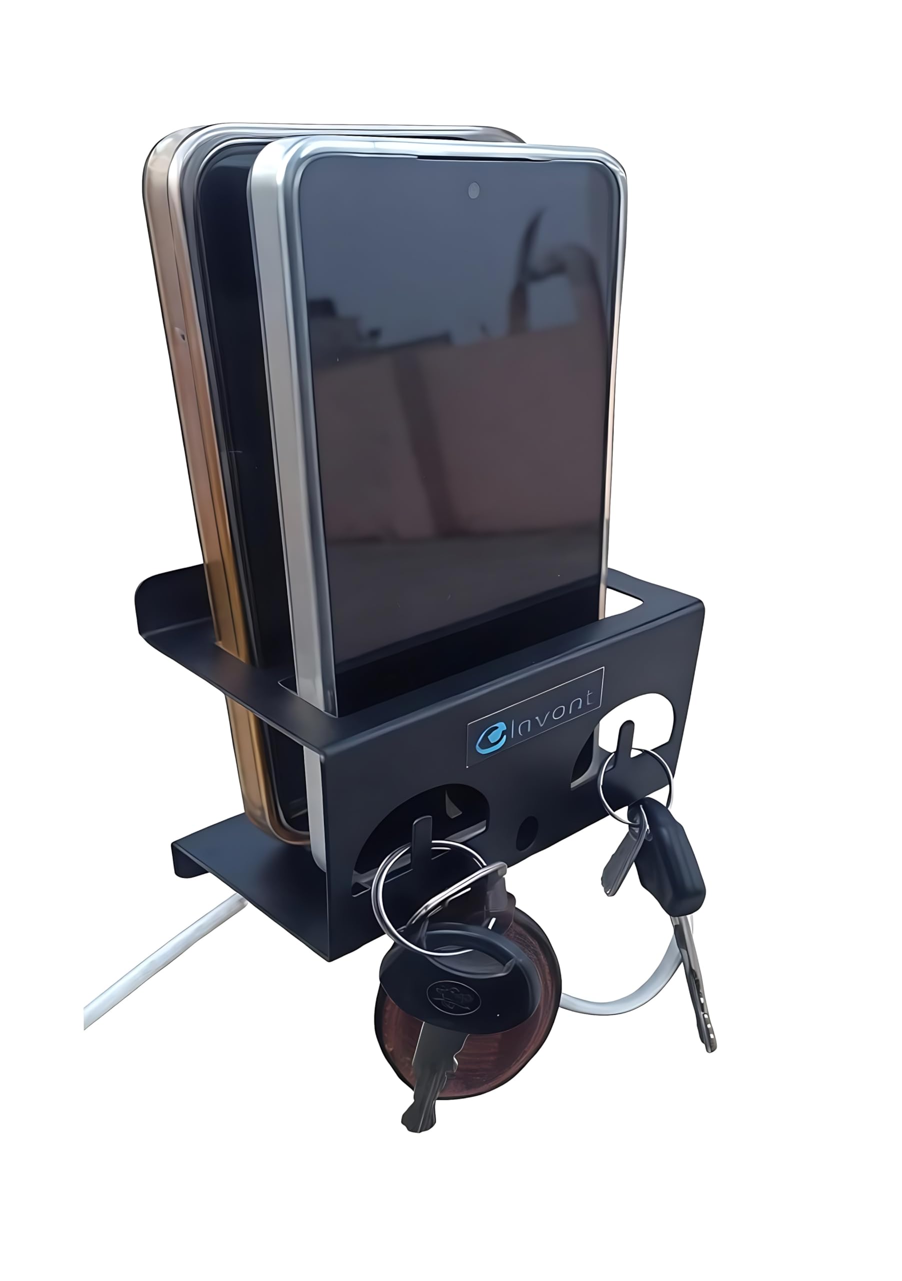 Mobile Holder Wall Mount with Charging Slot & Key Hooks | Metal Wall Mounted Mobile Stand for 2 Phones, Cable Organizer & Key Holder for Home (Black)-image-22