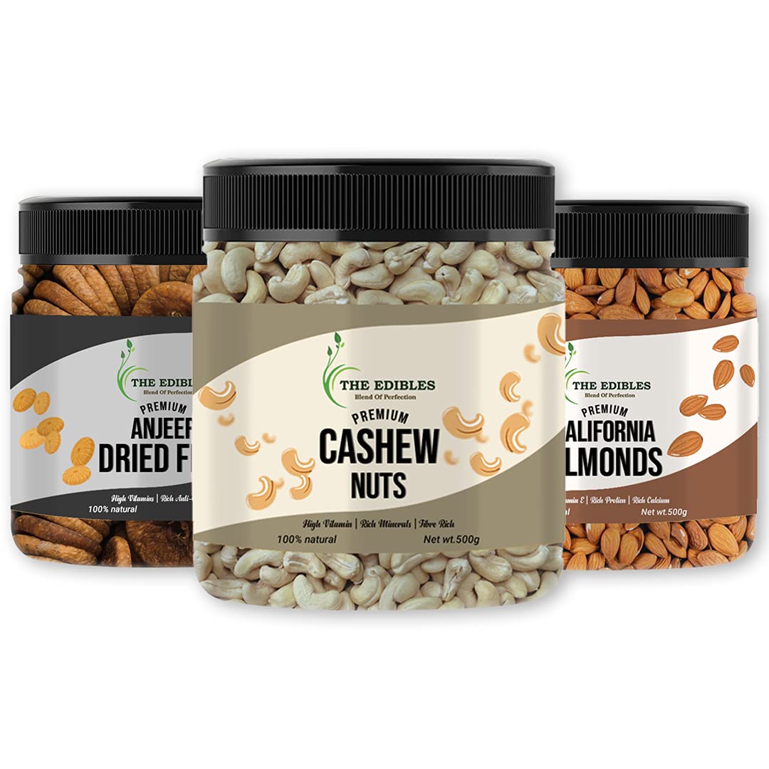 THE EDIBLES Combo Pack of Cashew nuts, Dried Figs and Roasted Almonds (500 gms each), Total 1Kg [Jar Pack] (B09HCKW7QQ) Amazon Price History, Amazon Price Tracker