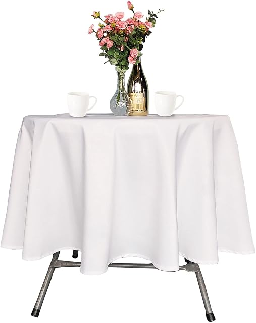 Trimming Shop White Round Polyester Tablecloth, 70" Premium Linen Table Cover, Washable Fabric Table Cloth for Weddings, Banquets, Parties, Dining Table, 1pc