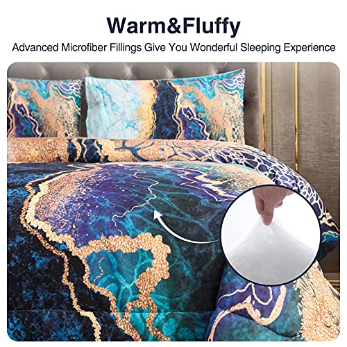 A Nice Night Marble Like Burning Mountain Printed Bedding Set,Retro Style Watercolor Artwork Design,Ultra Soft Comforter Set (Blue, Queen(88-By-88-Inches)) #TOP4