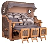 Strandkorb Teakholz Volllieger Strandstuhl Liegestuhl PE Geflecht Grey Düne Grand XXL TEAK Dessin 544 Bullauge inkl. 4 Kissen Wechselpolster Strandkörbe aus Teak Garten Wintergarten und Terrassen