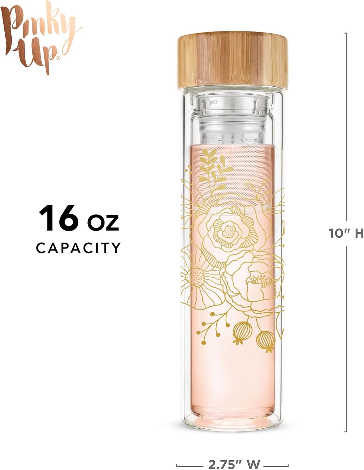 Pinky Up Blair Travel Infuser Mug, Double-Walled Glass, Stainless Steel Strainer, 16 Oz, Bouquet - Image 5