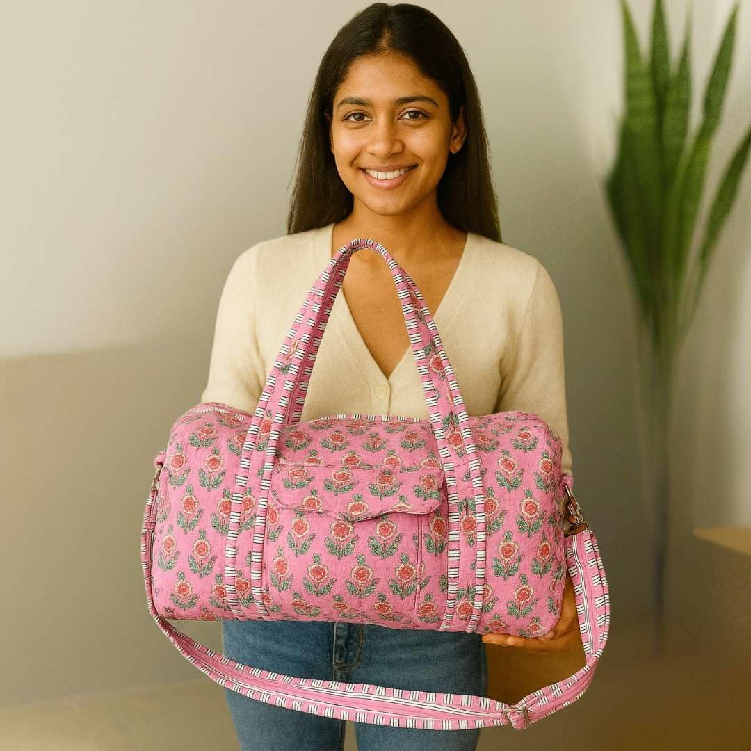 Quilted Floral Cotton Duffel Bag for Women, Handmade Lightweight Washable Large Travel Gym Bags with Pocket -Pink - Image 2