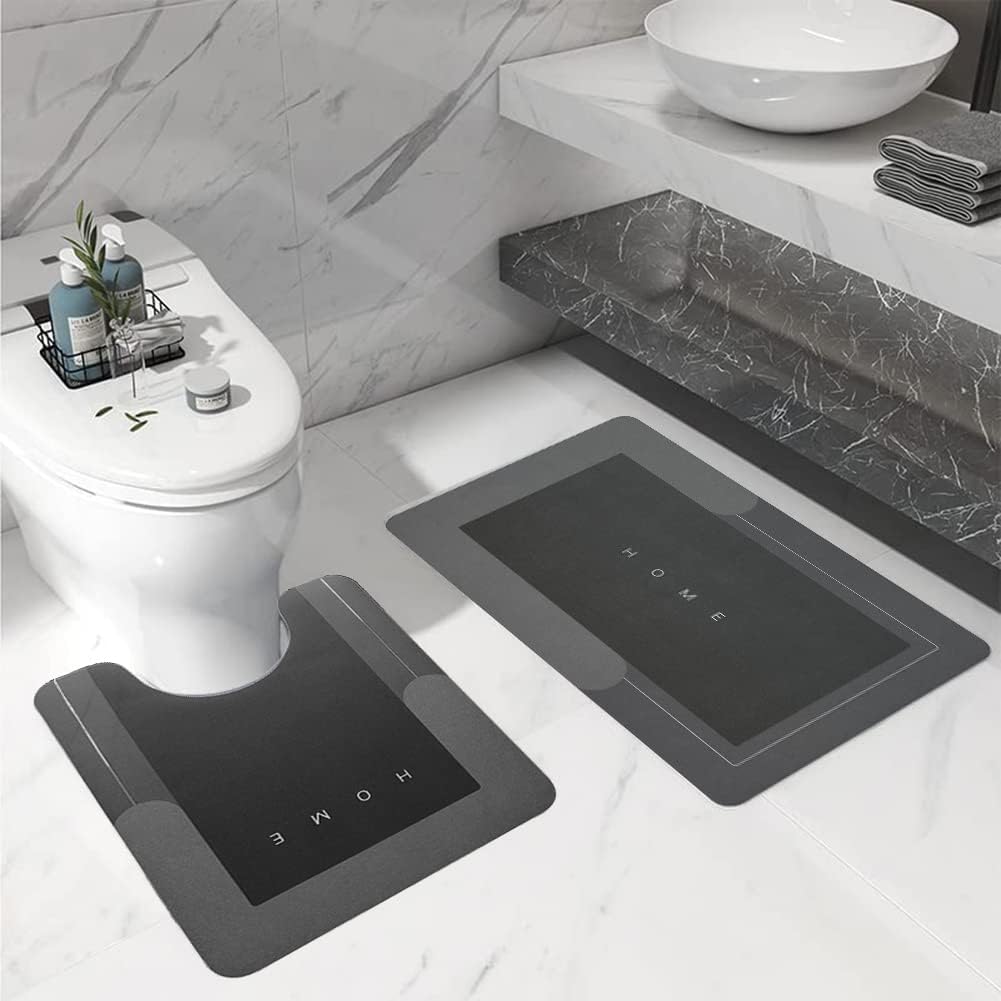 2Pcs Bathroom Mats U Shaped Set, Non-Slip Quick-Dry Toilet Bath Rug for Tub, Shower and Bath Room 19.7"x31.5"+19.7"x23.6", Dark Grey