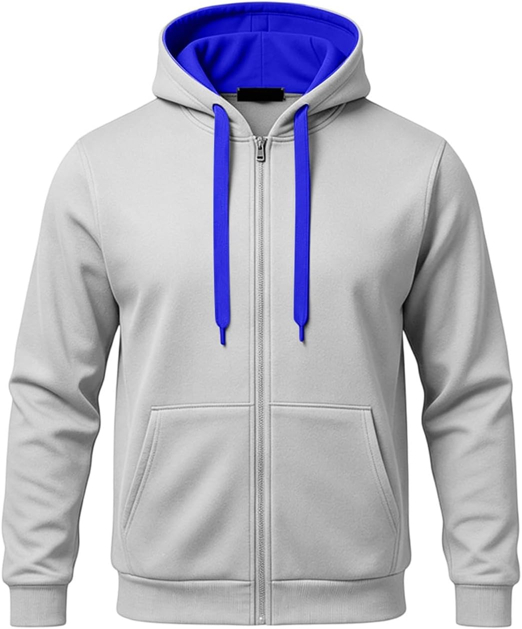 Men Hoodies Full Zip Contrast Drawcord Sweatshirts Tops | Thick Colored Drawcords Hoodie, Contrast Hood Lining, Full Zip Sweatshirts, Classic Front Pockets, Urban Streetwear