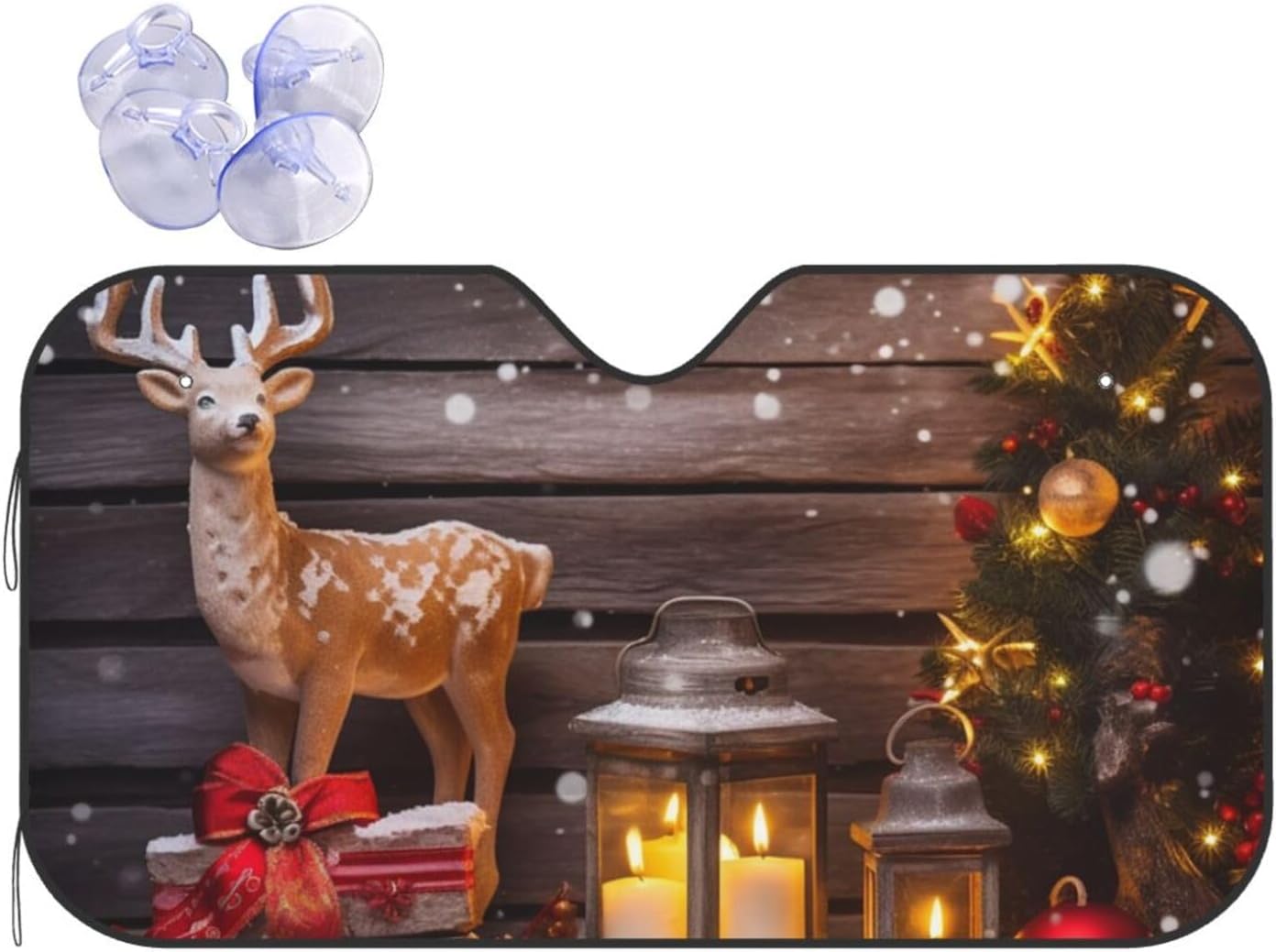 Merry Christmas Wooden Board Candle Deer Car Windshield Sun Shade Foldable Uv Ray Sun Visor Protector Sunshade Car Front Window Covers Car Accessories Keeps Your Vehicle Cool 51x27.5 Inch image 2