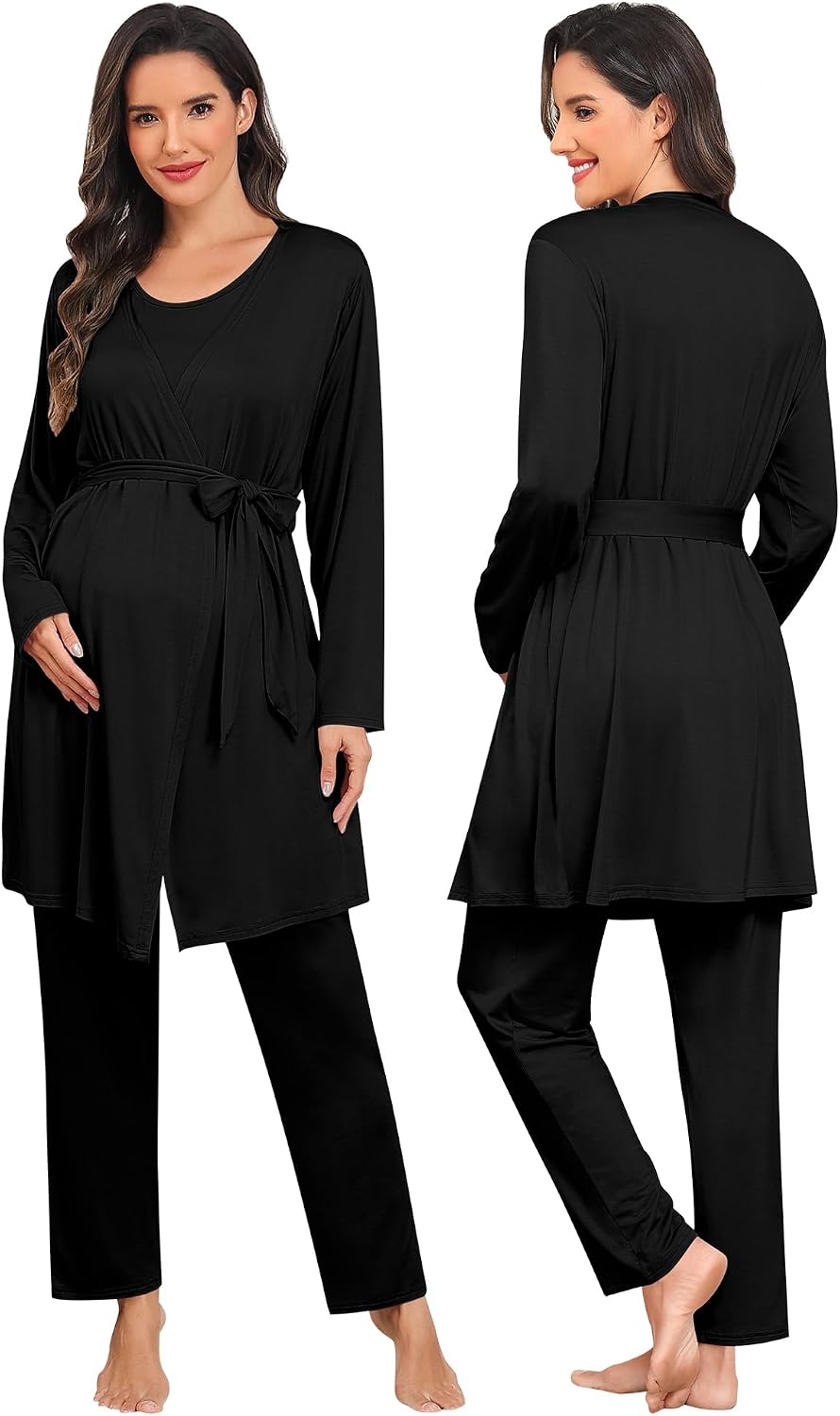 SWOMOG Maternity Nursing Robe Set 3 PCS Postpartum Breastfeeding Pajamas Lounge Hospital Pregnancy Pjs with Robe