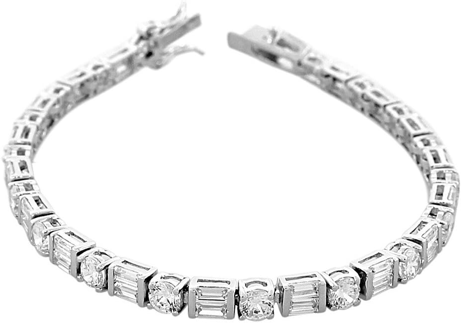 925 Sterling Silver Round Baguette White Multicolor CZ Classic Tennis Bracelet